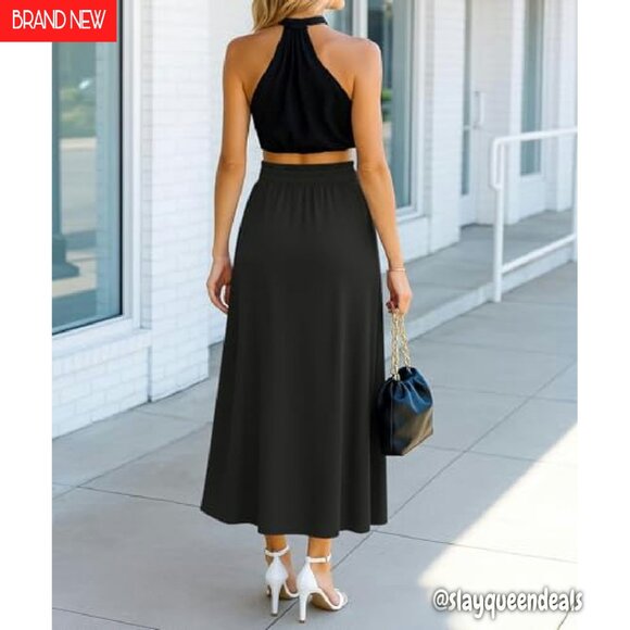 High Waisted A-Line Midi Skirt with Pockets, Stretch Fabric, Button Front - Picture 4 of 7